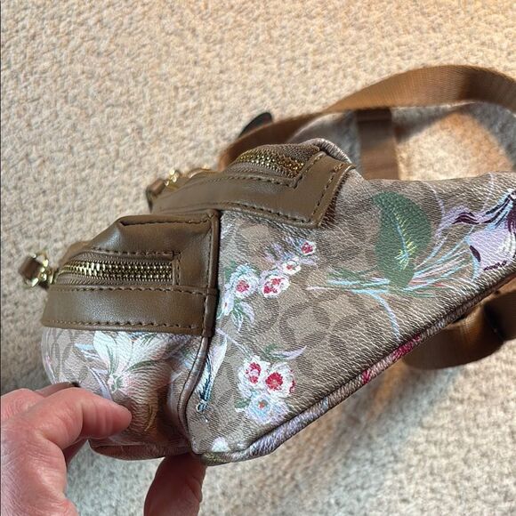 Designer LIKE Floral Tan Belt Bag with Pom Poms - Picture 7 of 12